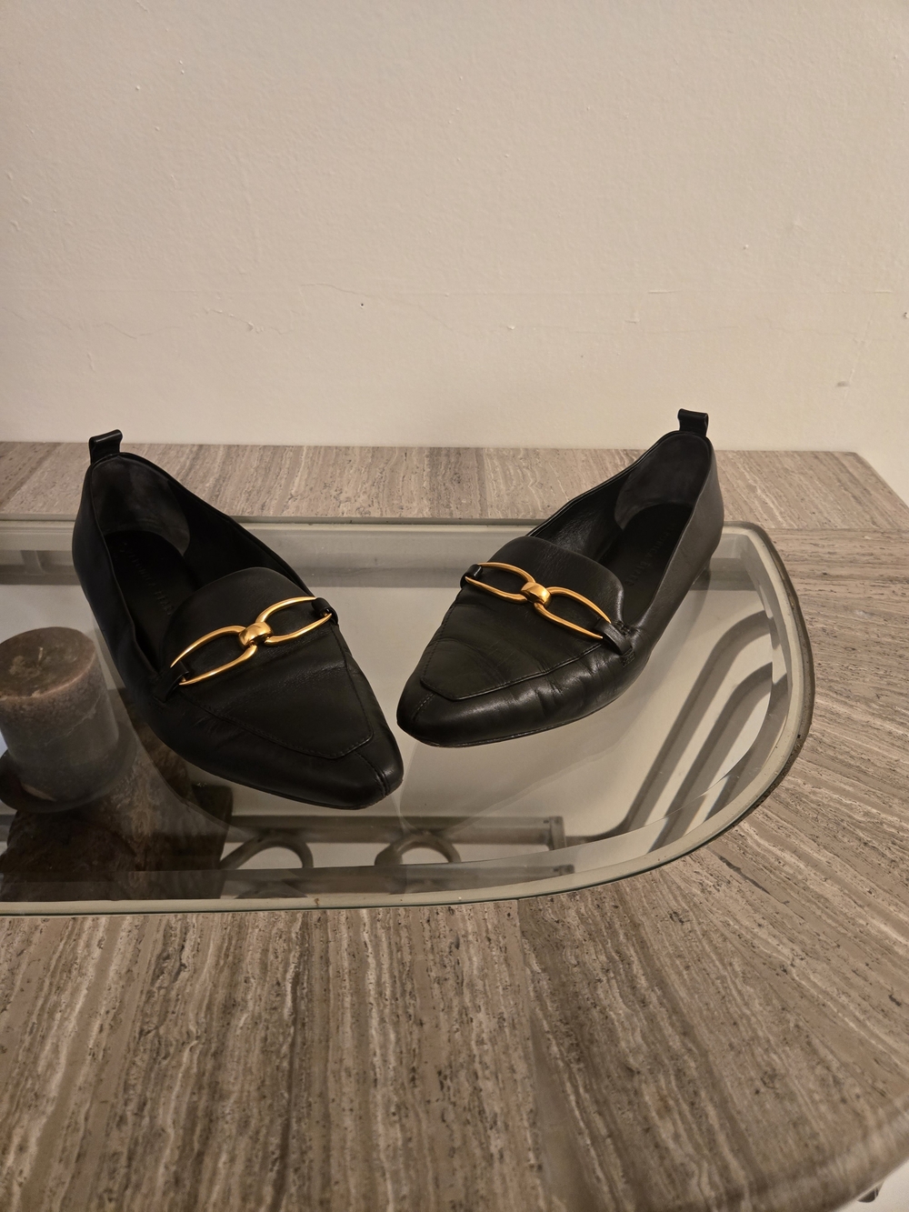 Veronica Beard Black Leather Pointed Loafers with Gold Horsebit
